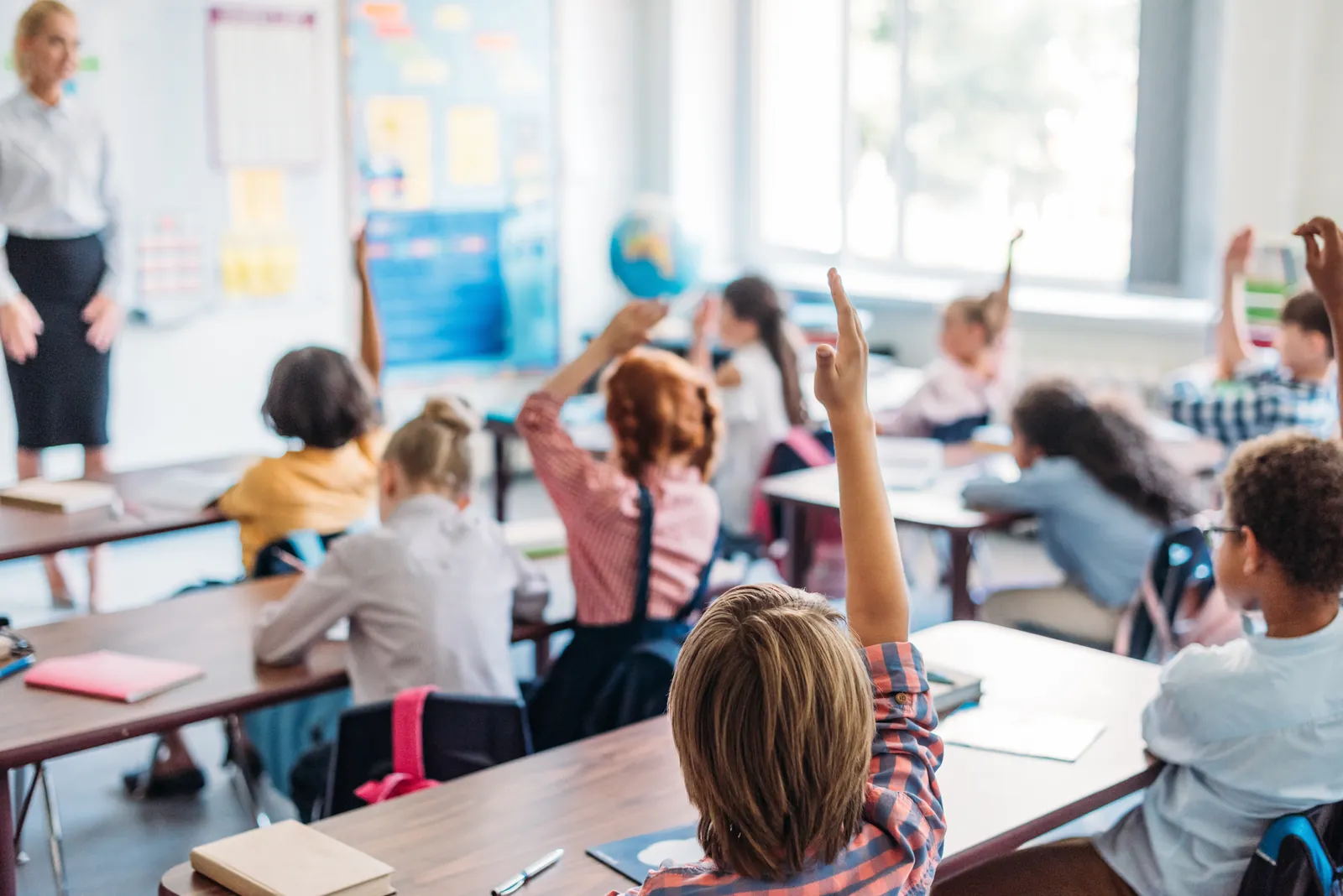 Students raising their hands during a classroom lesson