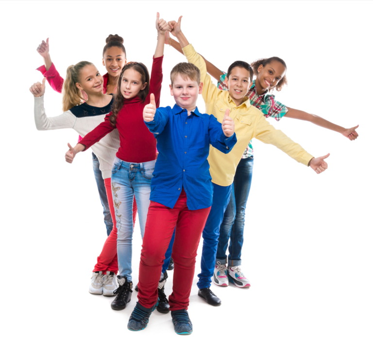 Classmates standing with their hands and thumbs up